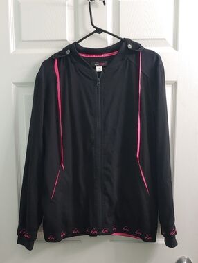 Koi Lite Hooded Scrub Jacket Women's M Black Full Zip Pink Trim